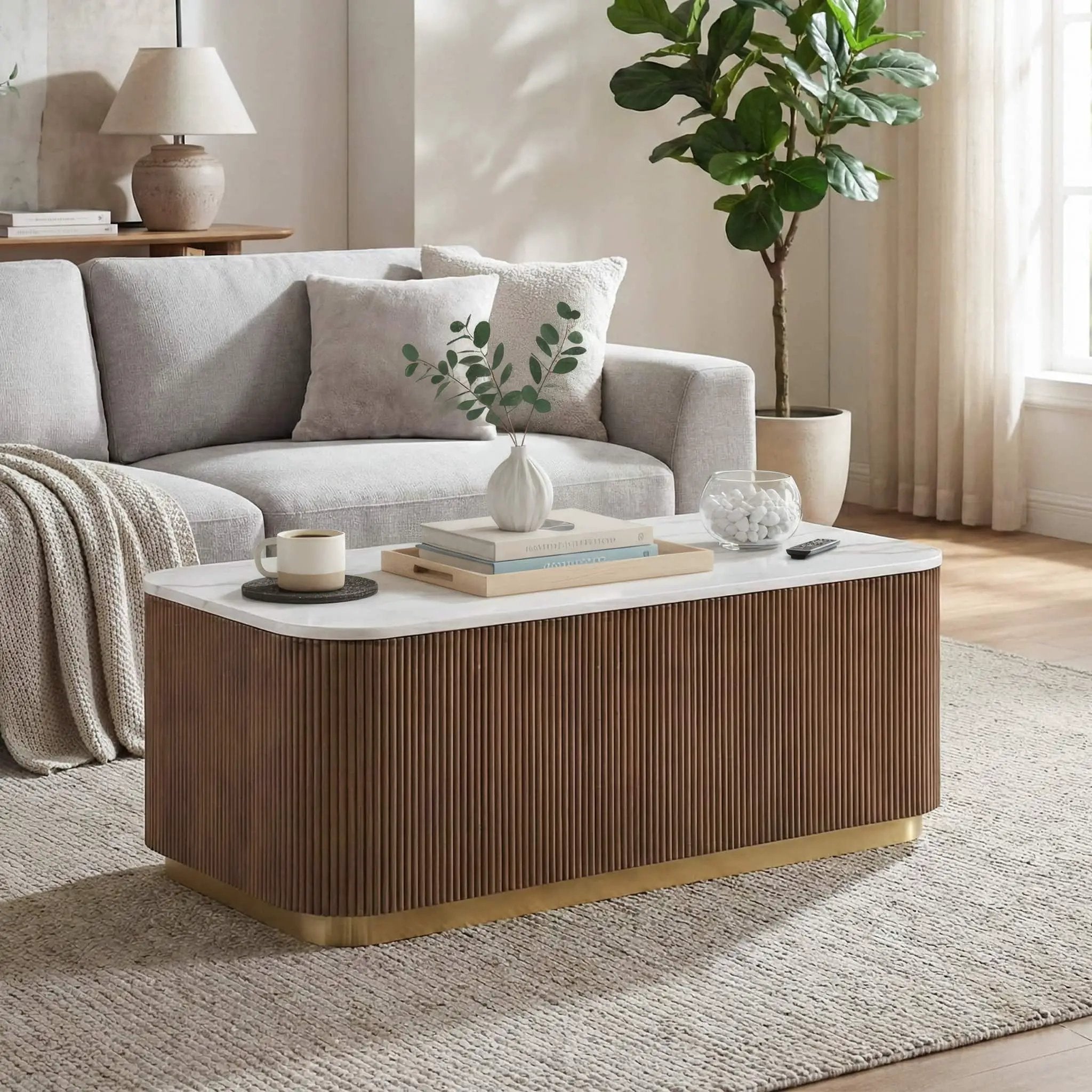 Rectangle Cocktail Table Genuine Accent Plinth Base Living Room - Brown / Gold / White by Unique Piece Furniture