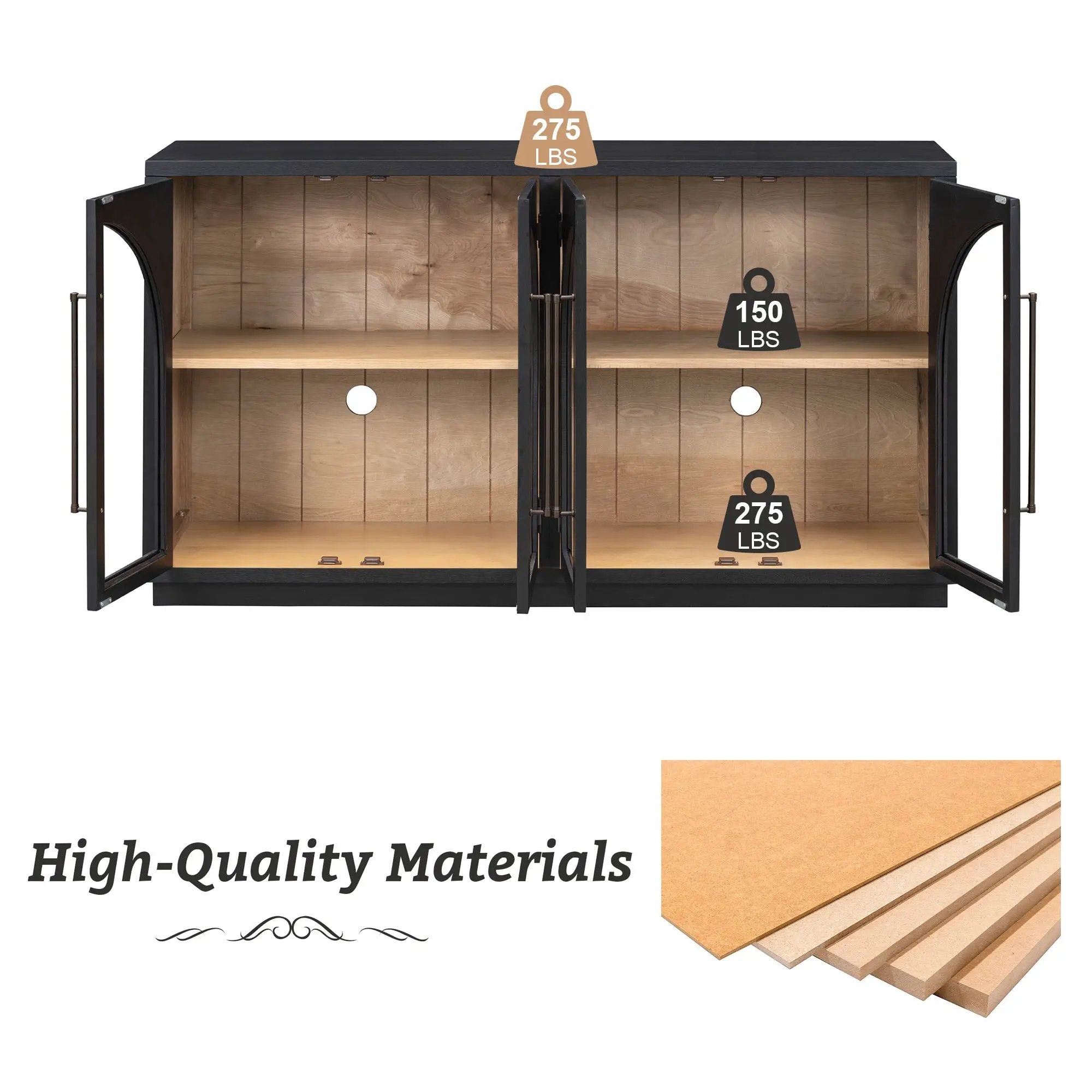 4-Door Large Storage Sideboard Buffet Cabinet with Glass Doors Arched Cabinet (Black) by HouseOfZazla