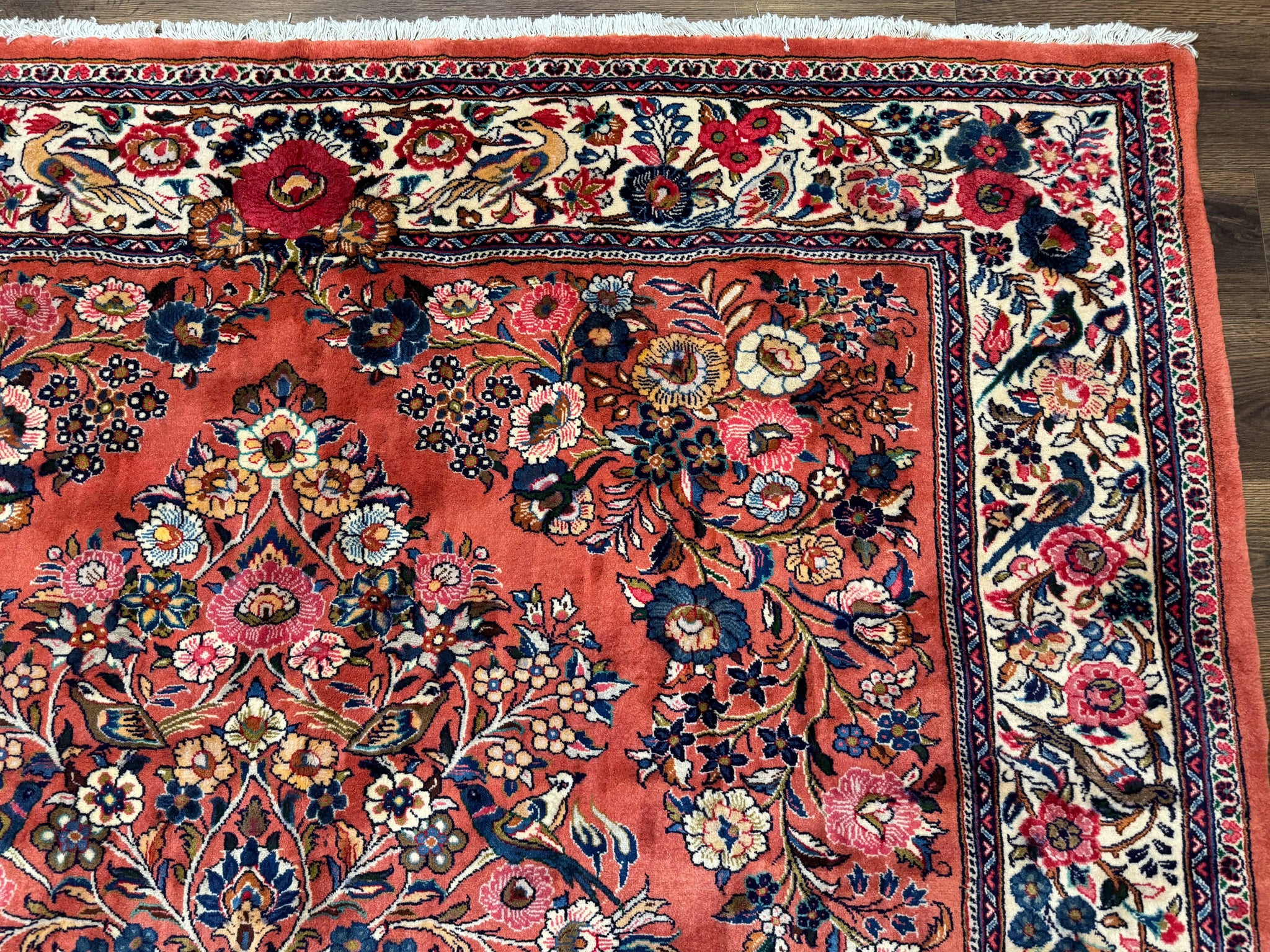Persian Sarouk Rug 7x10, Red and Ivory, Floral Bouquets, Birds by Jewel Rugs