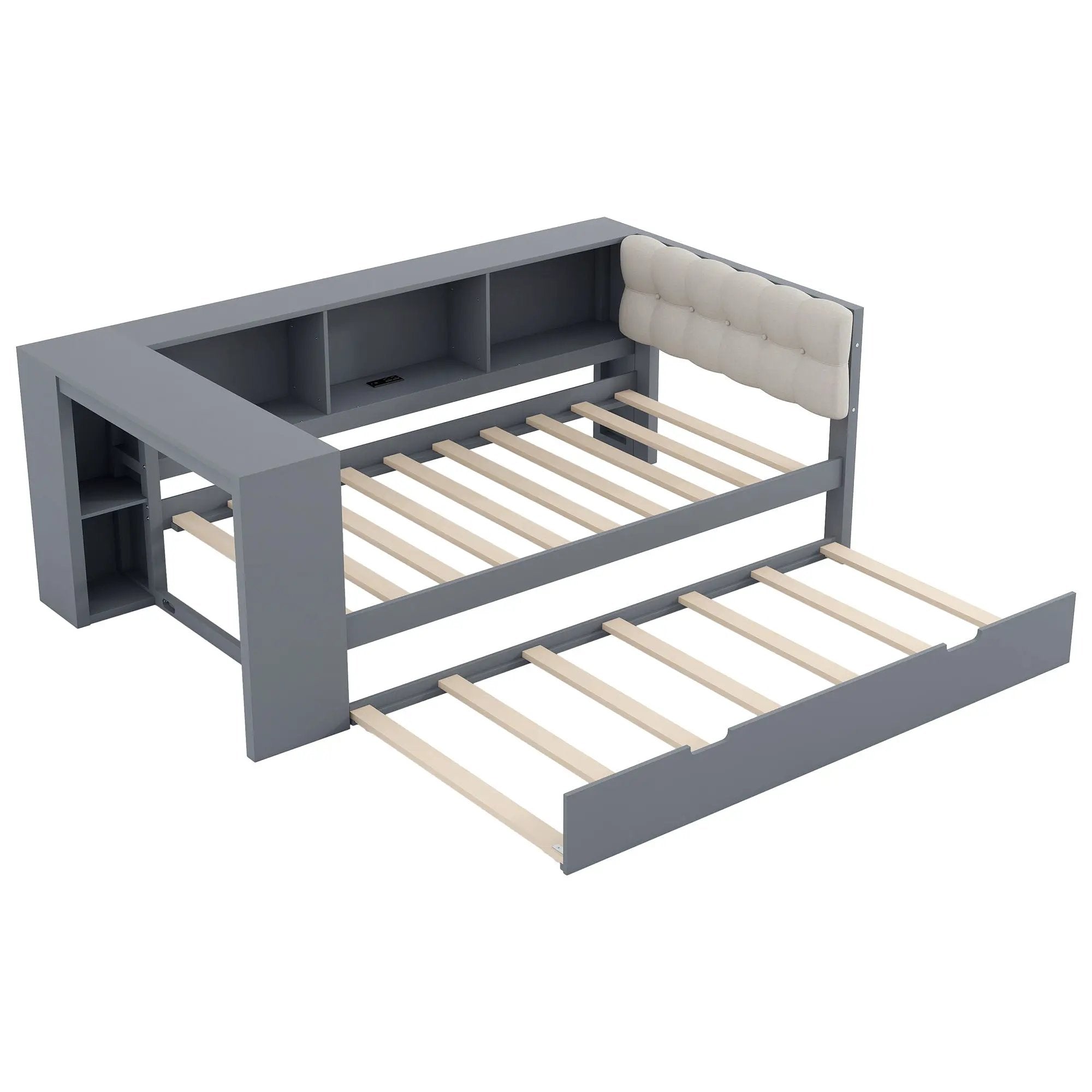 Upholstered Headboard Platform Bed with Storage Shelves, Trundle, and Charging Station by HouseOfZazla