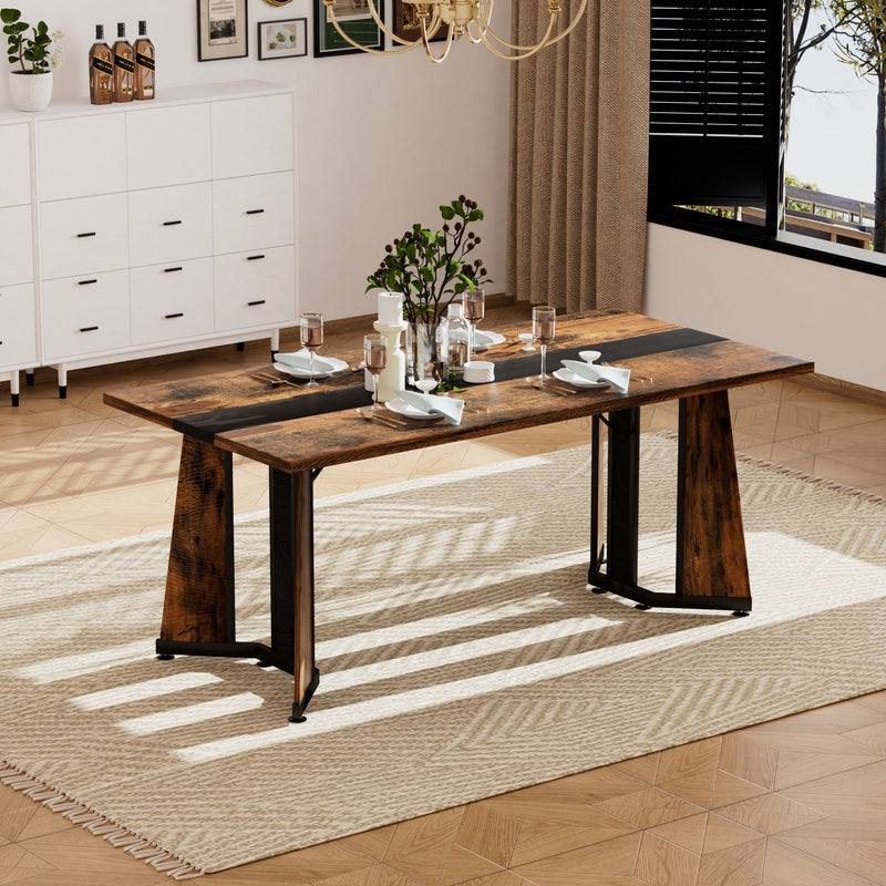 Rustic Rectangular Large Dining Table, Waterproof Desk For 8 People, & Steel With Adjustable Legs - Black / Rustic Brown by Unique Piece Furniture