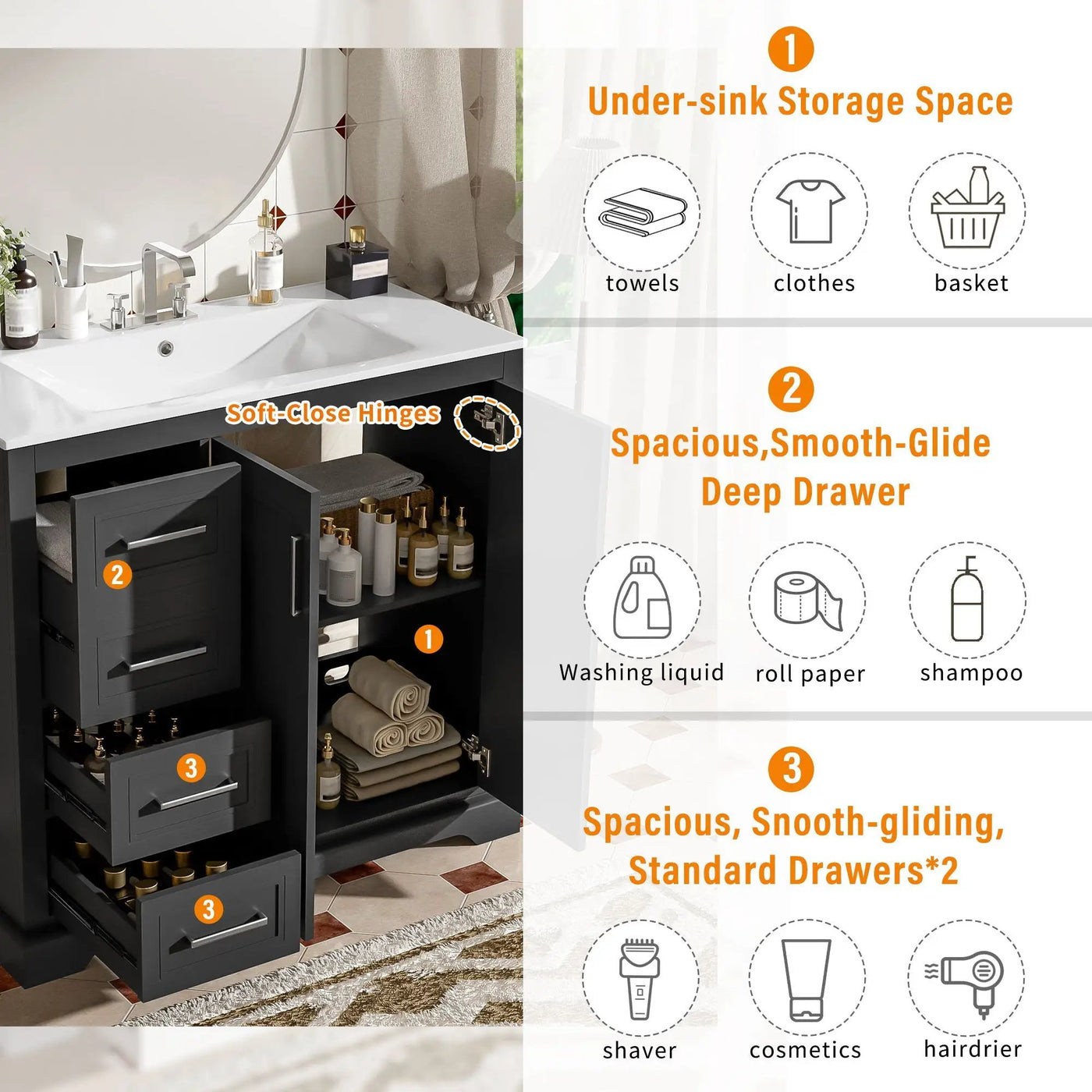 Bathroom Vanity With Sink, Soft Close Doors, Adjustable Shelf & 3 Drawers by Unique Piece Furniture
