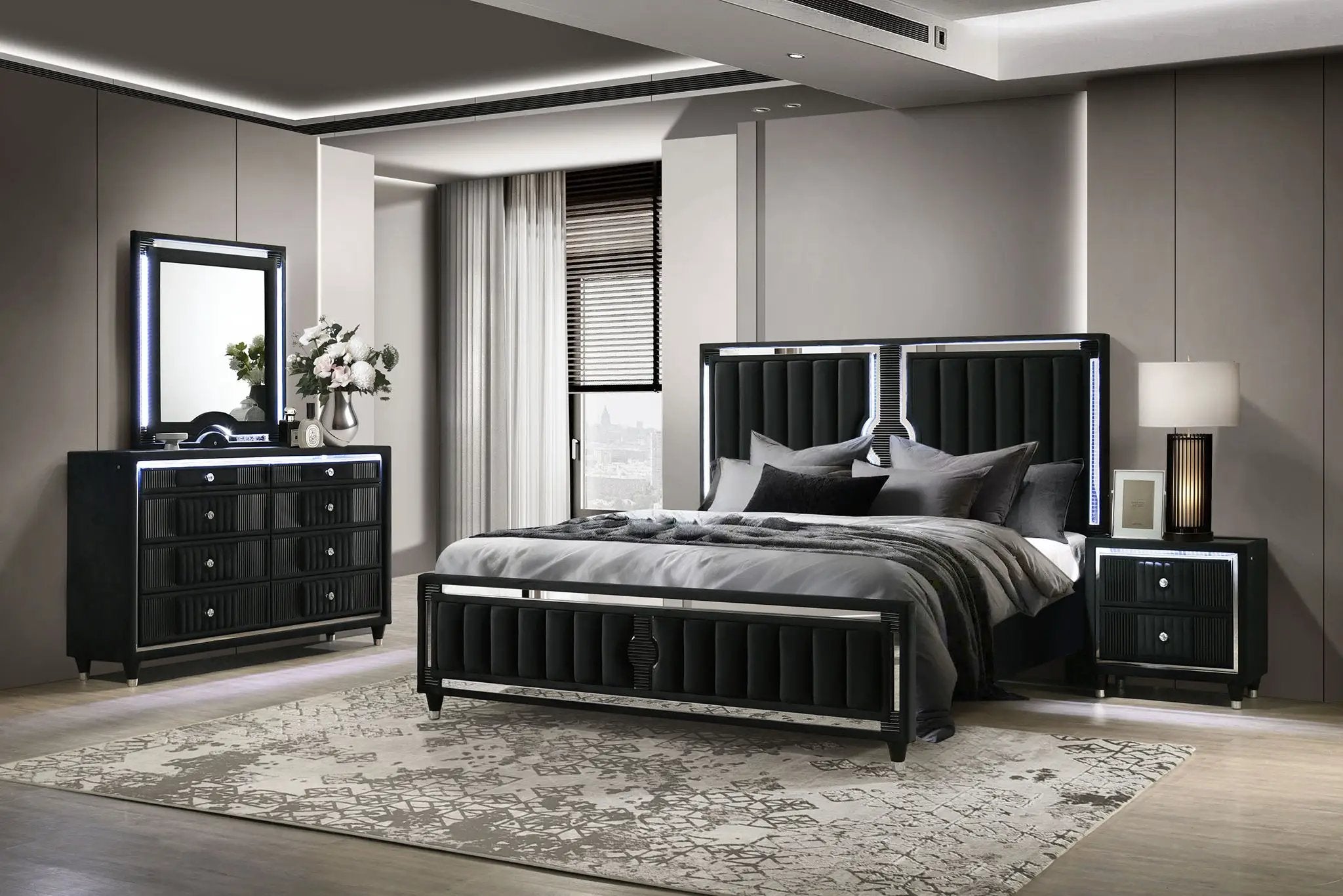 Ravenne 4-piece Velvet Upholstered Queen LED Bedroom Set Black by Unique Piece Furniture