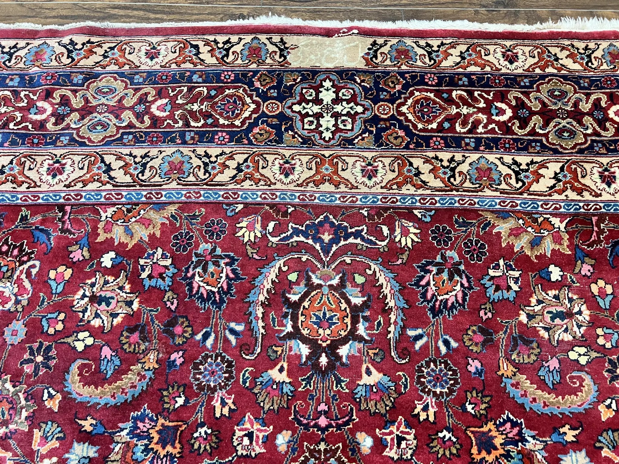 Signed Persian Mashad Rug 8x10, Wool Oriental Carpet, Semi Antique Rug, Hand Knotted, Traditional, Red, Floral Allover, by Jewel Rugs