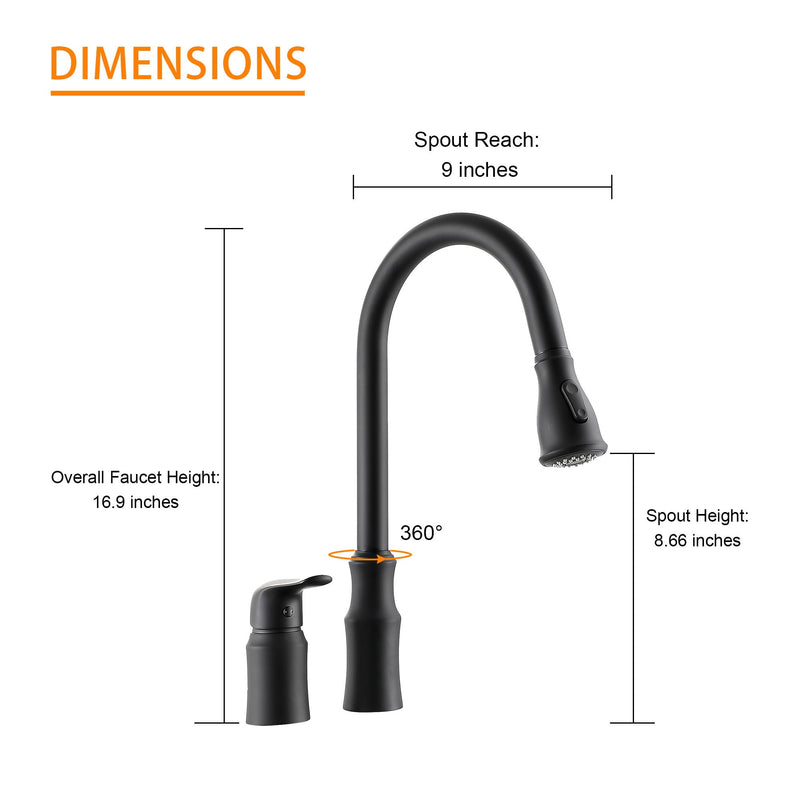 16.9" Kitchen Sink Faucet With Separate Handle And Pull Down Sprayer, Lead Free Brass - Matte Black by HouseOfZazla
