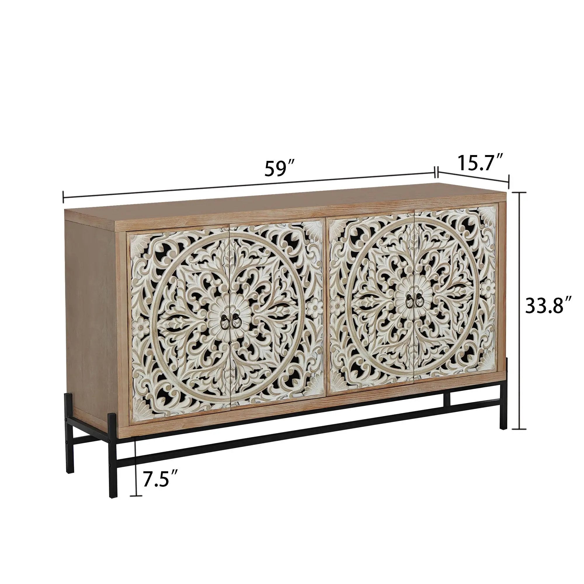 4 Door Wood Cabinet, Vintage Carved Wood with Metal Base by HouseOfZazla