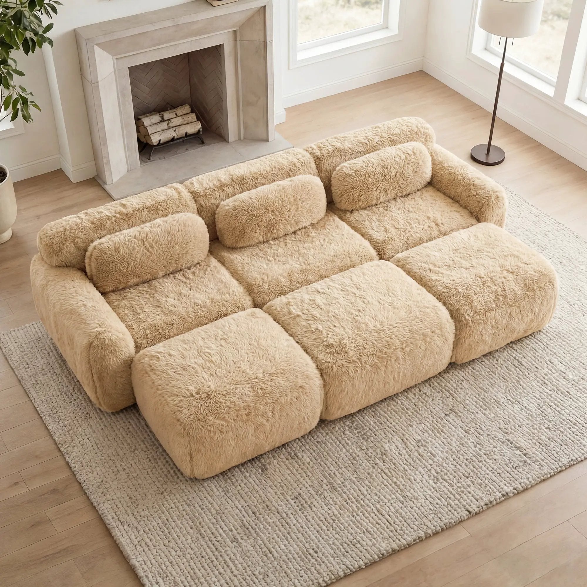 3-Seater Soft Plush Fabric Sofa With Movable Ottoman by HouseOfZazla