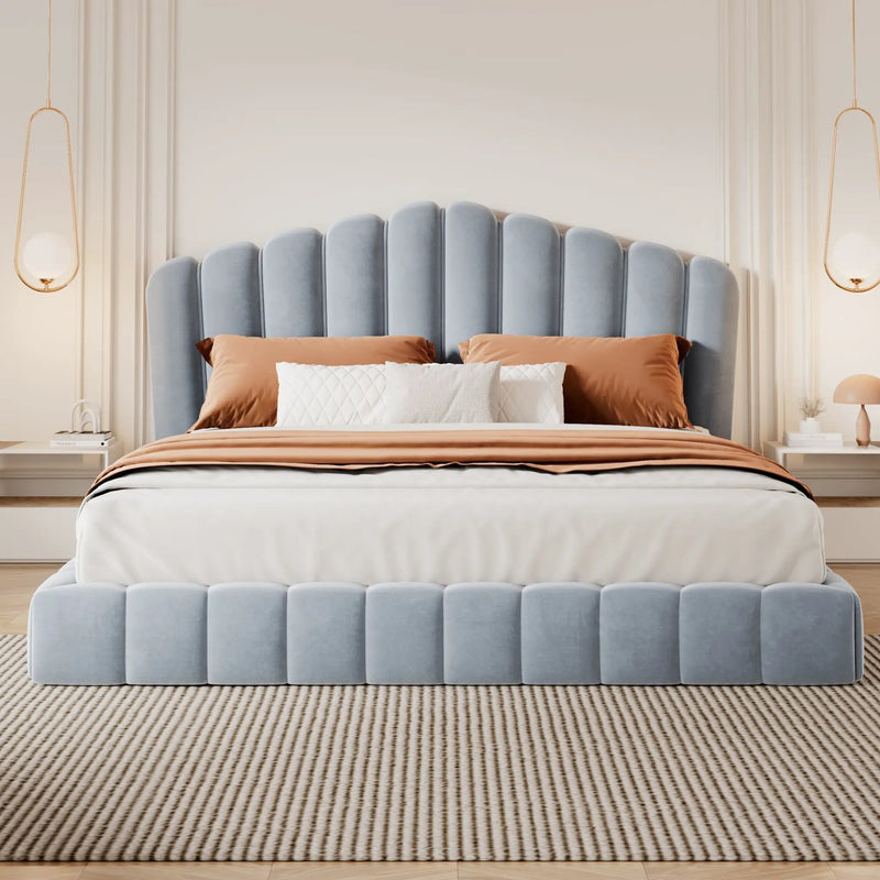Velvet Upholstered Queen Bed with Shell-Shaped Headboard by HouseOfZazla