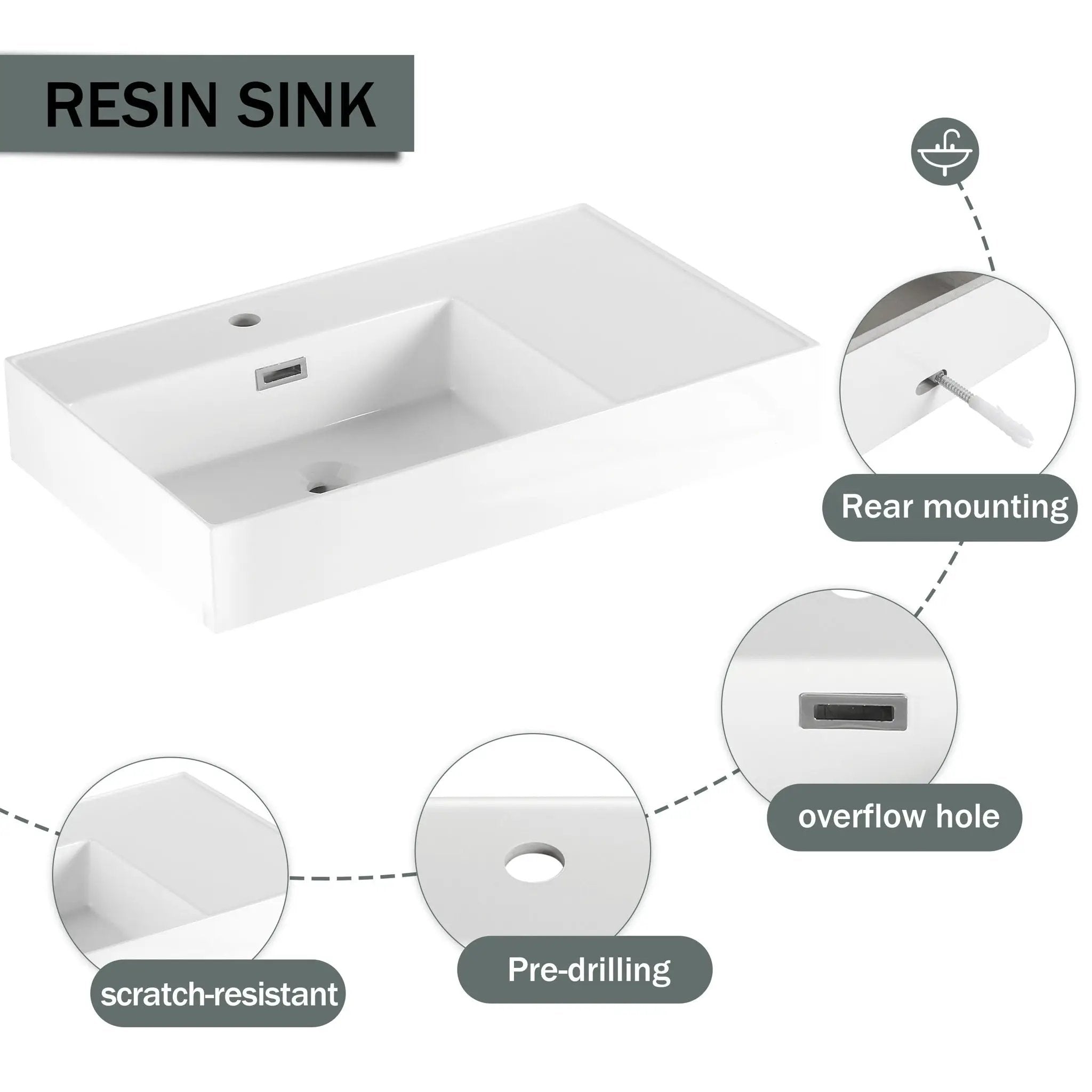 Modern Wall Mounted Bathroom Vanity With Resin Sink And Side Cabinet, Soft Close Drawer, Imitative - Imitative Oak by HouseOfZazla