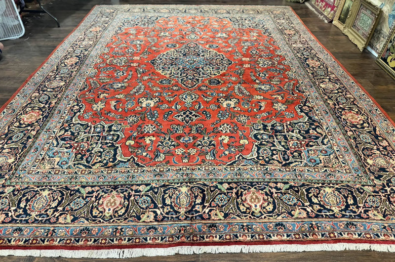Red Persian Kashan Rug 10x14, Hand-Knotted Semi Antique Floral Medallion Handmade Wool Carpet, Red & Navy Blue by Jewel Rugs