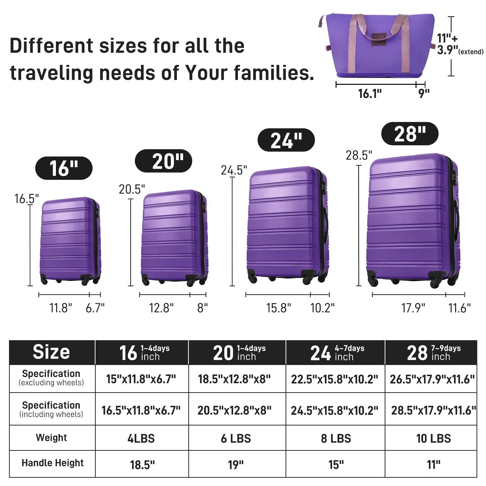 Hardshell Luggage Sets 4 Pieces + Bag Spinner Suitcase With Tsa Lock Lightweight - 16" / 20" / 24" / 28" Luggages by HouseOfZazla