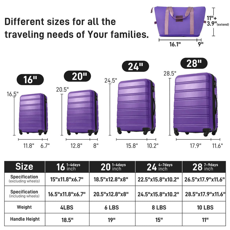 Hardshell Luggage Sets 4 Pieces + Bag Spinner Suitcase With Tsa Lock Lightweight - 16" / 20" / 24" / 28" Luggages by HouseOfZazla