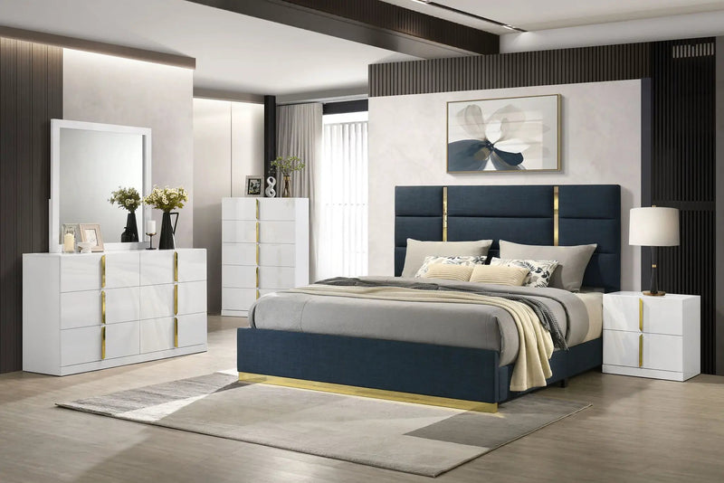 Ines 5-piece Eastern King Bedroom Set Navy and White High Gloss by Unique Piece Furniture