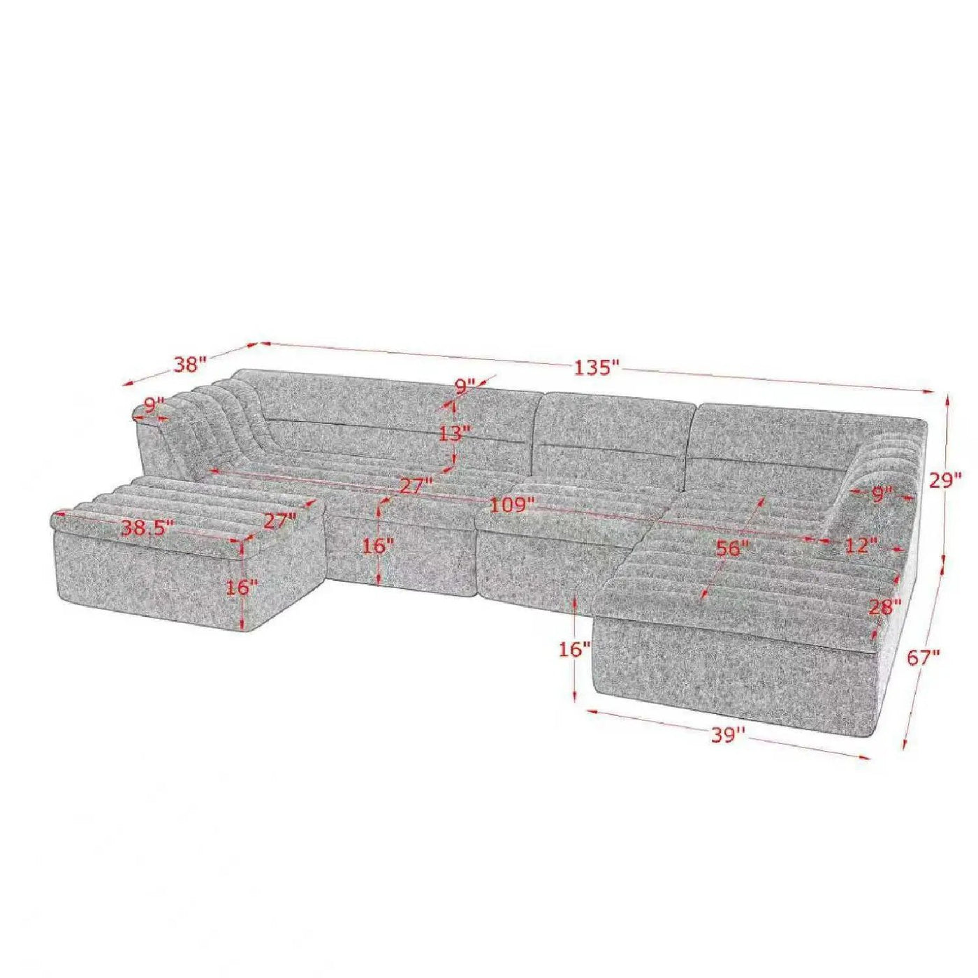 Upholstered L-Shaped Modular Sectional Sofa With Chaise, Wave-Shaped Armrest by HouseOfZazla