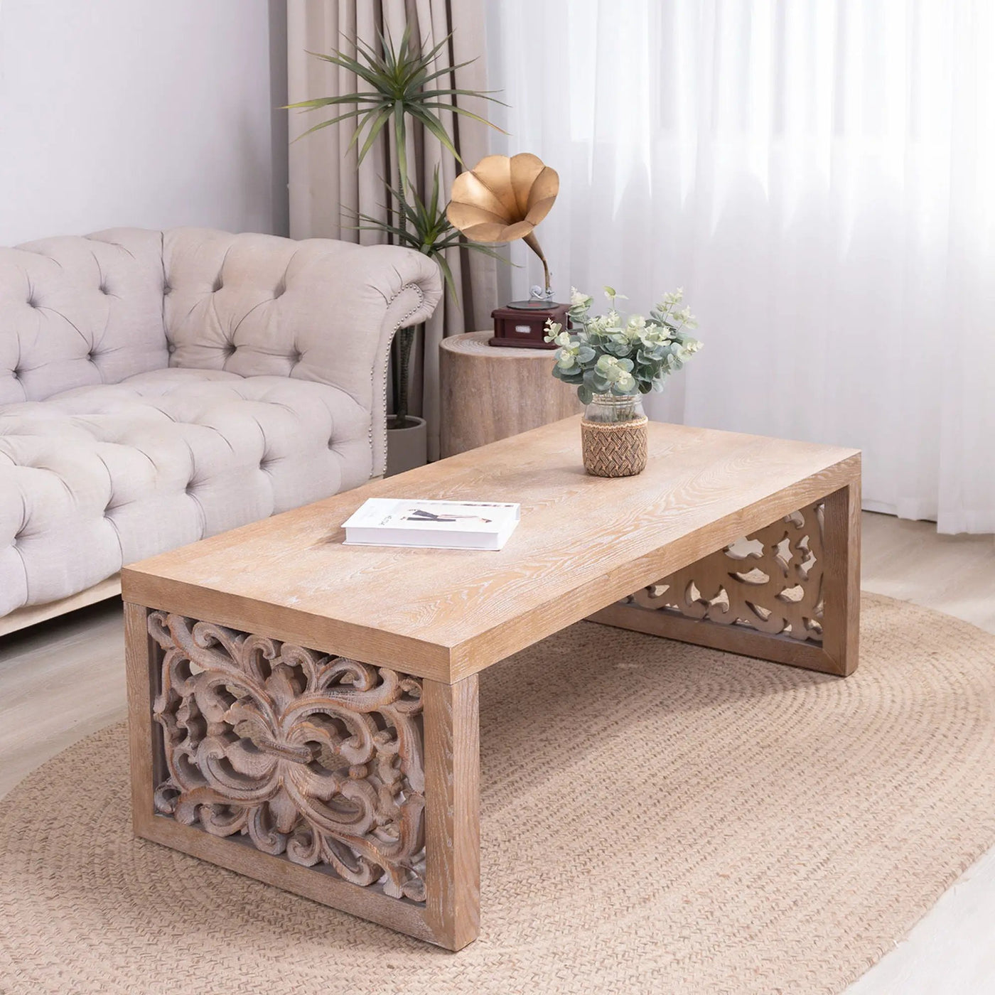 Rustic Carved Wood Coffee Table, Handcrafted Look With Ornate Side Panels by HouseOfZazla