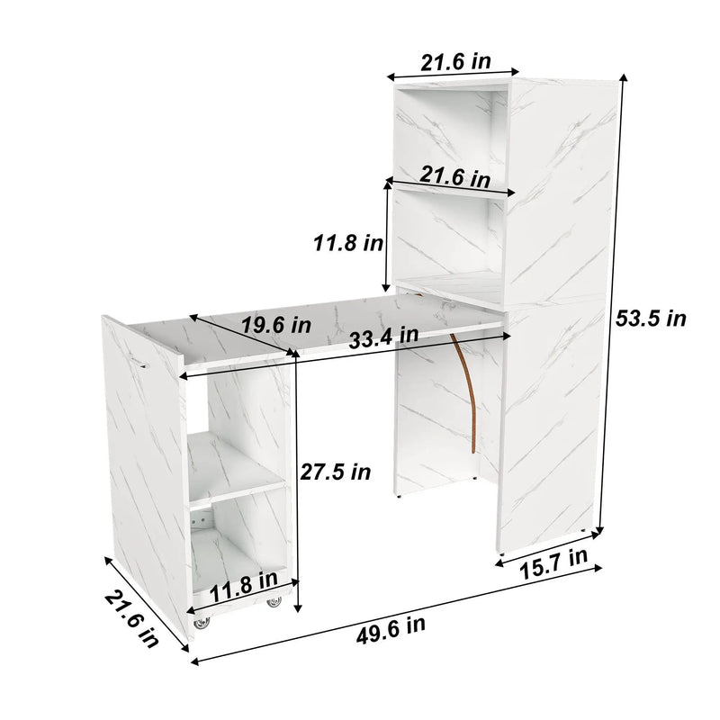 Stretchable Office Desk With Storage Shelves And Mobile Wheels, Foldable Design For Small Apartments - White Marble by HouseOfZazla