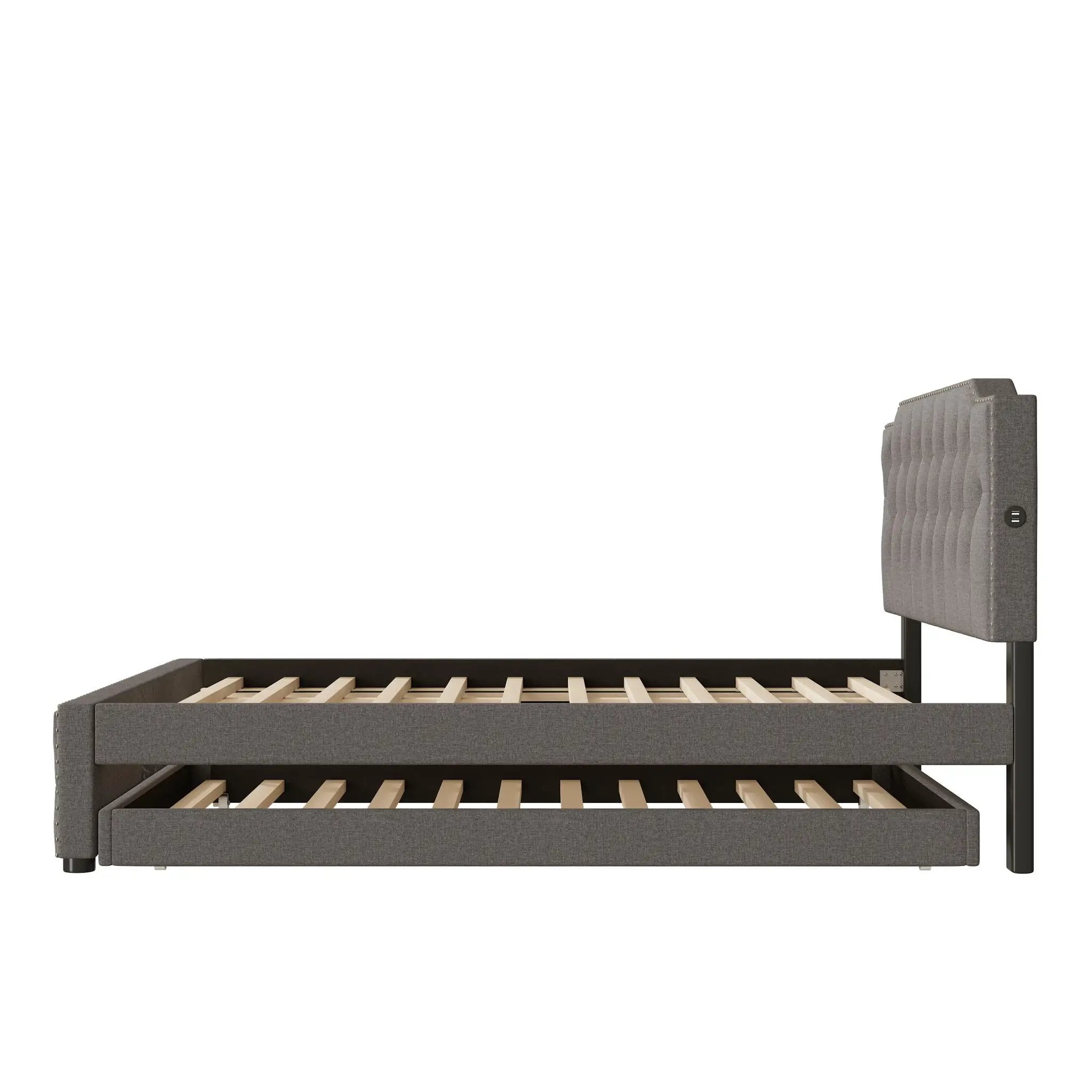 Upholstered Platform Bed With Trundle And 2 Sets Of USB Ports On Each Side, Fabric by HouseOfZazla