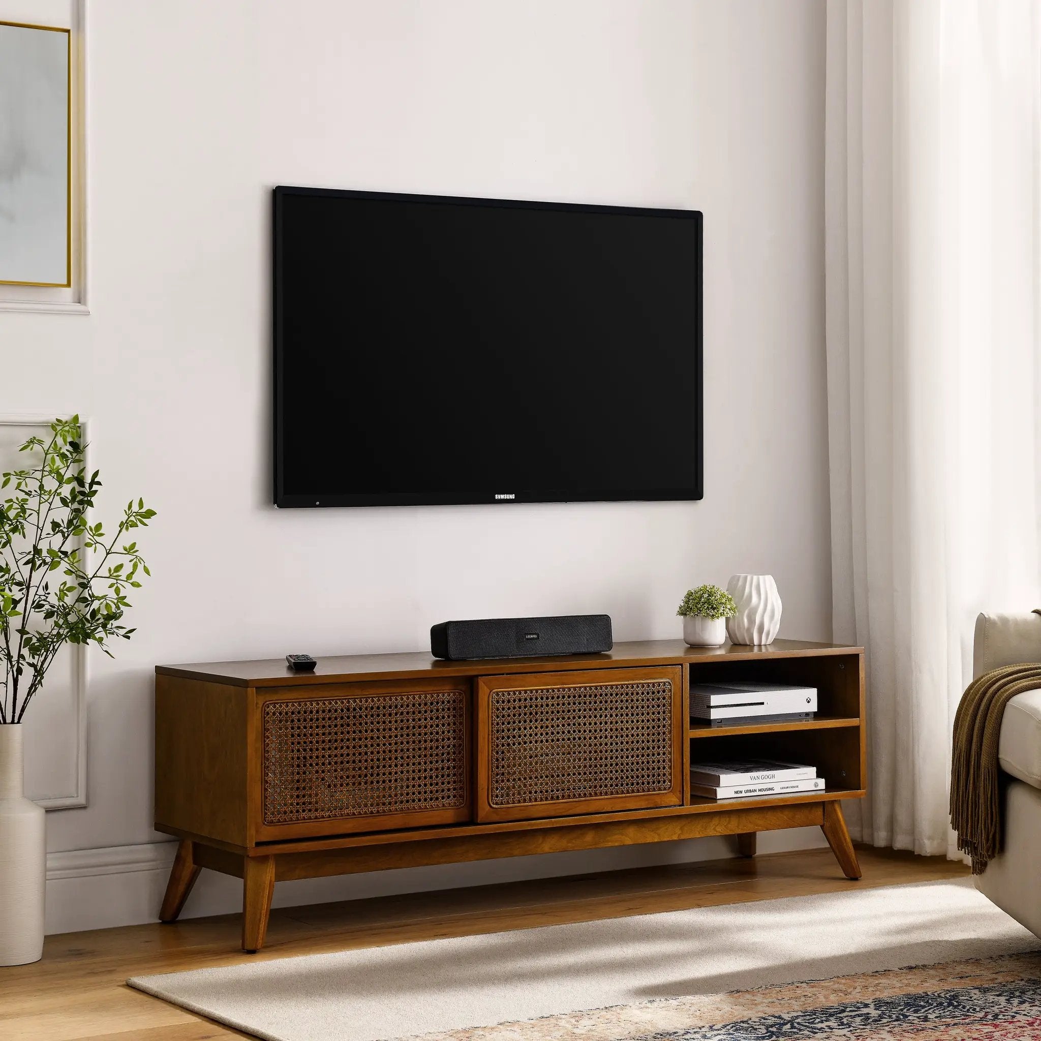 59 Inch Mid Century Modern Rattan TV Stand by BLAKHOM