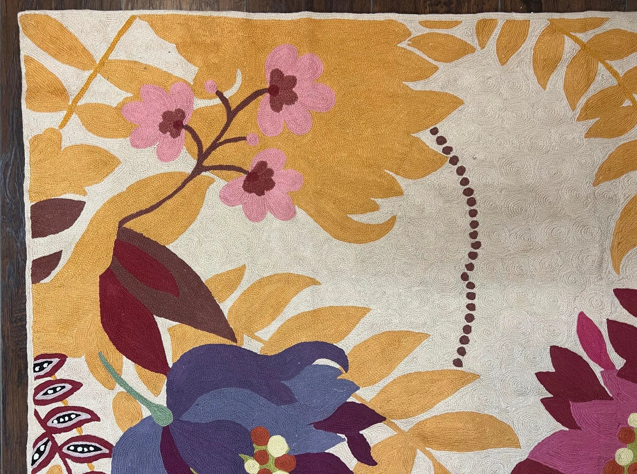 Indian Chain Stitched Rug 4x6, Hand Stitched Indian Embroidery Carpet, Large Floral Design, Contemporary, Cream and Colorful Flowers, Wool by Jewel Rugs