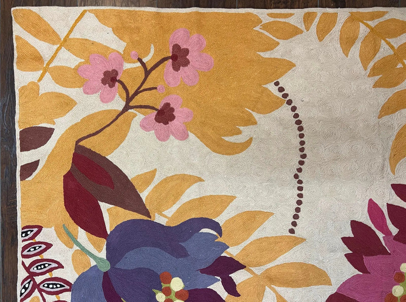 Indian Chain Stitched Rug 4x6, Hand Stitched Indian Embroidery Carpet, Large Floral Design, Contemporary, Cream and Colorful Flowers, Wool by Jewel Rugs