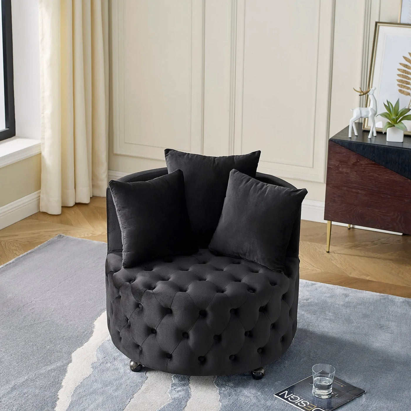Modern Upholstered Swivel Chair With Button Tufted Design And Movable Wheels by Unique Piece Furniture