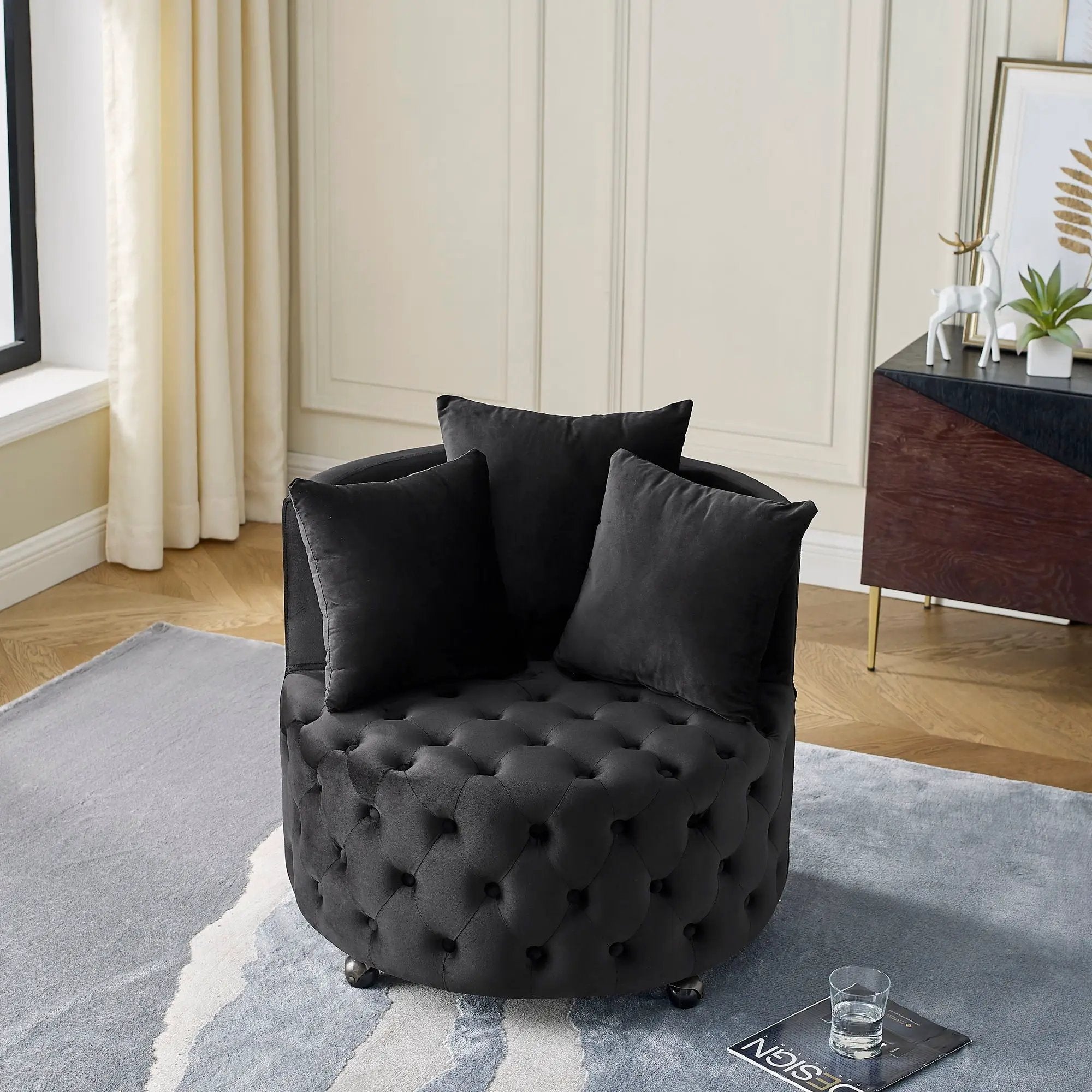 Modern Upholstered Swivel Chair With Button Tufted Design And Movable Wheels by HouseOfZazla