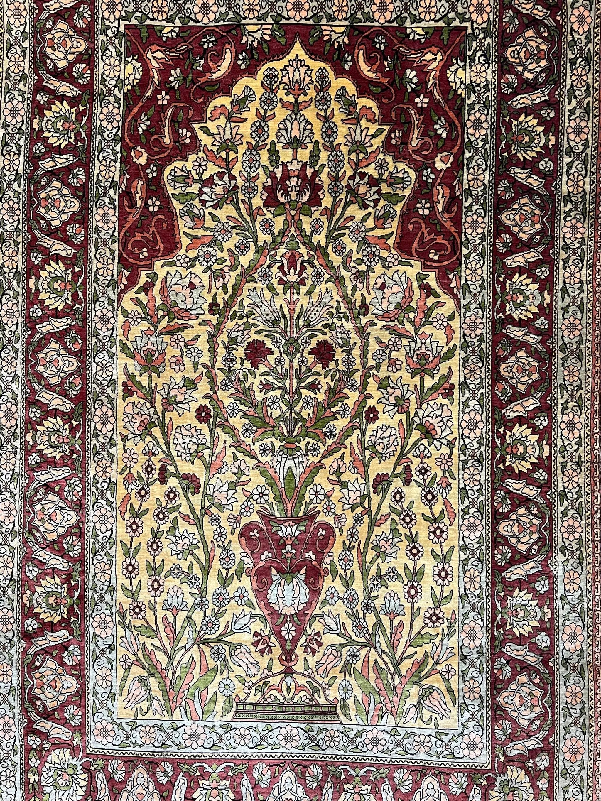 Wonderful Silk Turkish Hereke Prayer Rug 2.8 x 4.5, Tree of Life Design, Signature from Master Weaver, Gold and Burgundy, Handmade, 625 KPSI by Jewel Rugs
