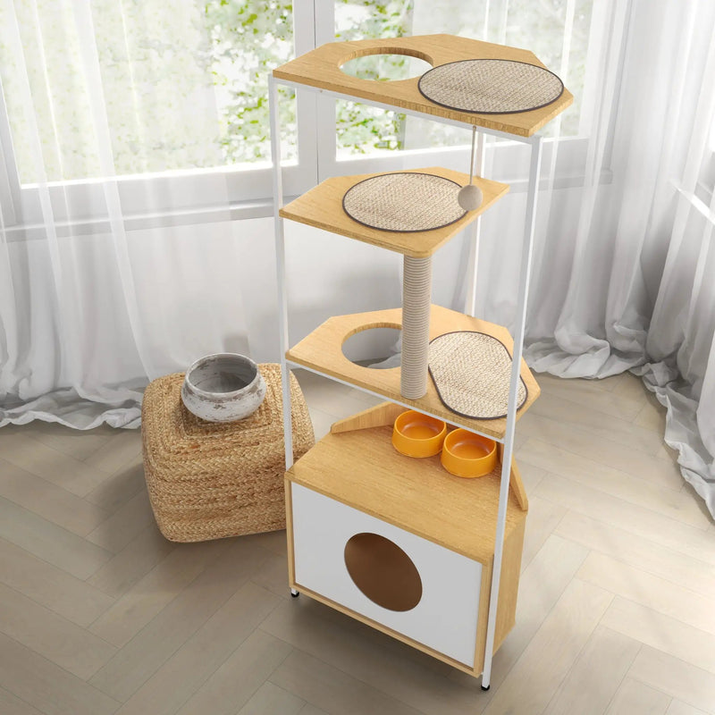 Corner Cat Tower, Cat Tree With Scratching Post, Cat Condo With Feeding Station And Climbing Platforms, Pet Furniture For Indoor Cats - White / Light Oak by HouseOfZazla
