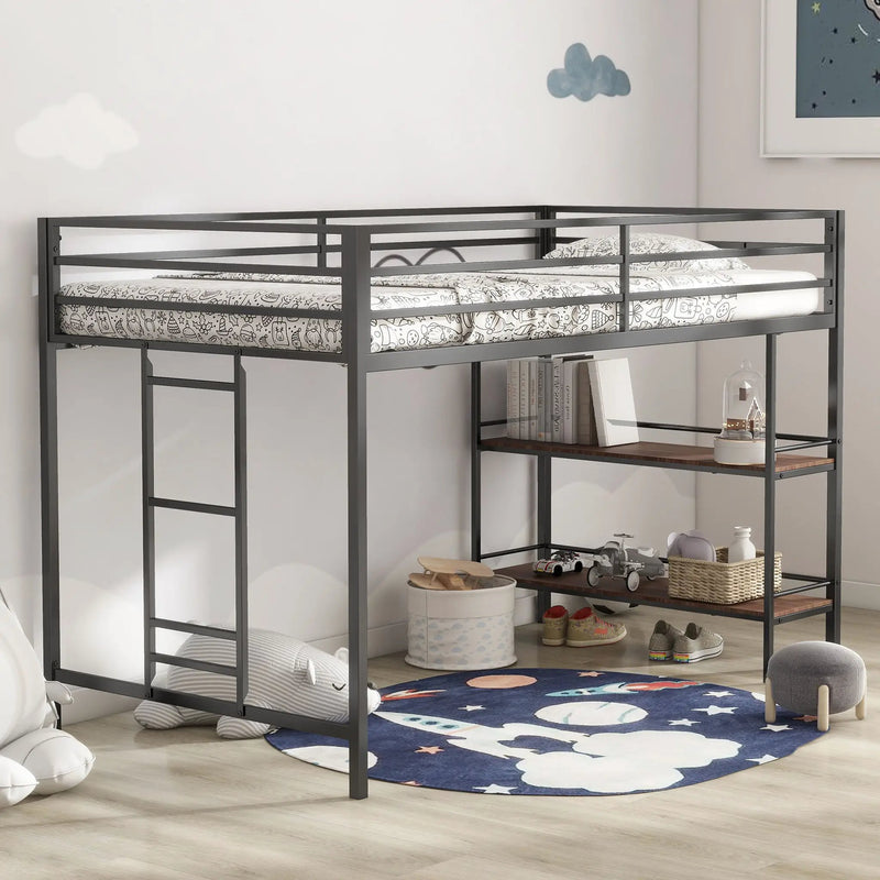 Adam - Twin Loft Bunk Bed With Cinnamon Wood Shelf - Black by Unique Piece Furniture