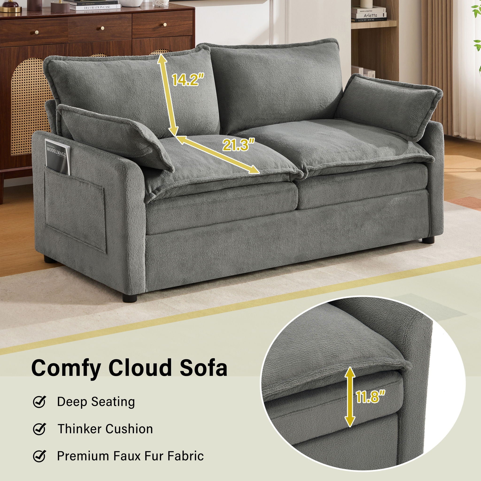 Modern Loveseat Sofa, Upholstered Couch With Side Storage Pockets by HouseOfZazla