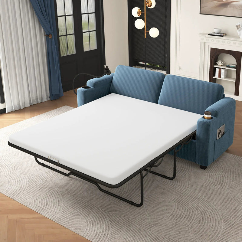 Sleeper Sofa Loveseat Sofa With Full Size Mattress, 2 USB Ports, 2 Cup Holders, 2 Side Pockets And Phone Holder by HouseOfZazla