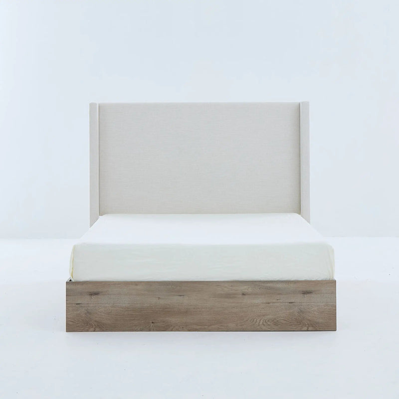 Shelton - Queen Upholstered Wingback Bed With 54" High Headboard - Ivory / Light Gray / Camel Oak