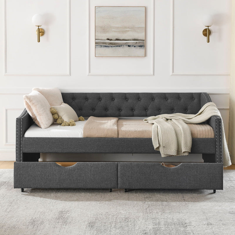 Upholstered Tufted Daybed With 2 Drawers, Waved Arms by Unique Piece Furniture