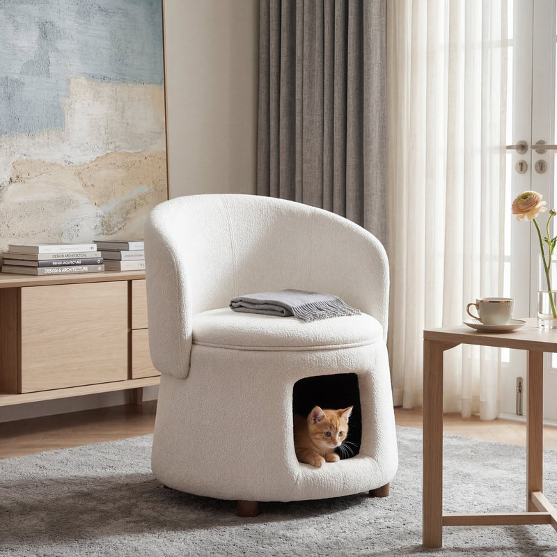 Beige Pet Friendly Chair with Hidden Pet Nook, Convertible Stool, Storage Seat by HouseOfZazla