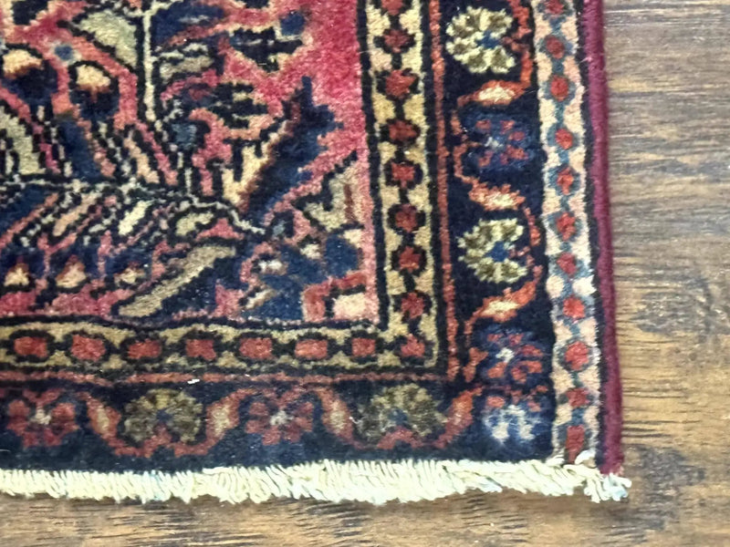 Small Antique Persian Sarouk Rug 2x2 ft, Red 1920s Wool Rug by Jewel Rugs
