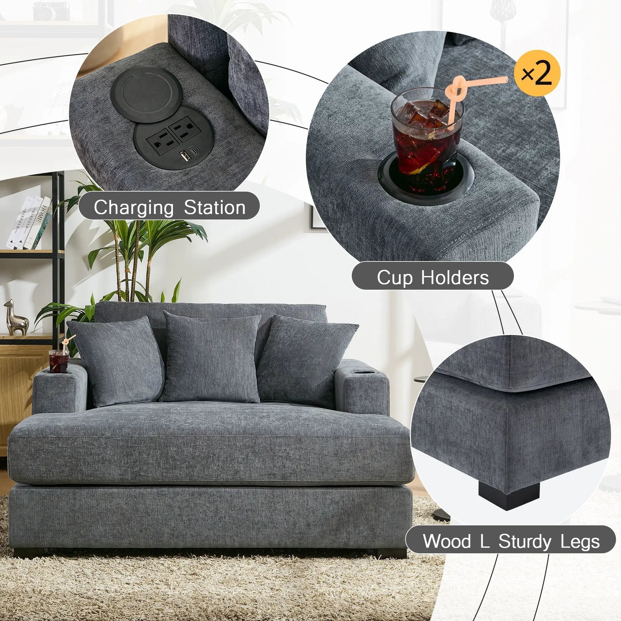 Oversized Chaise Lounger Modern Style Sofa Couch, With Pillows, Charge Station & Cup Holders by Unique Piece Furniture