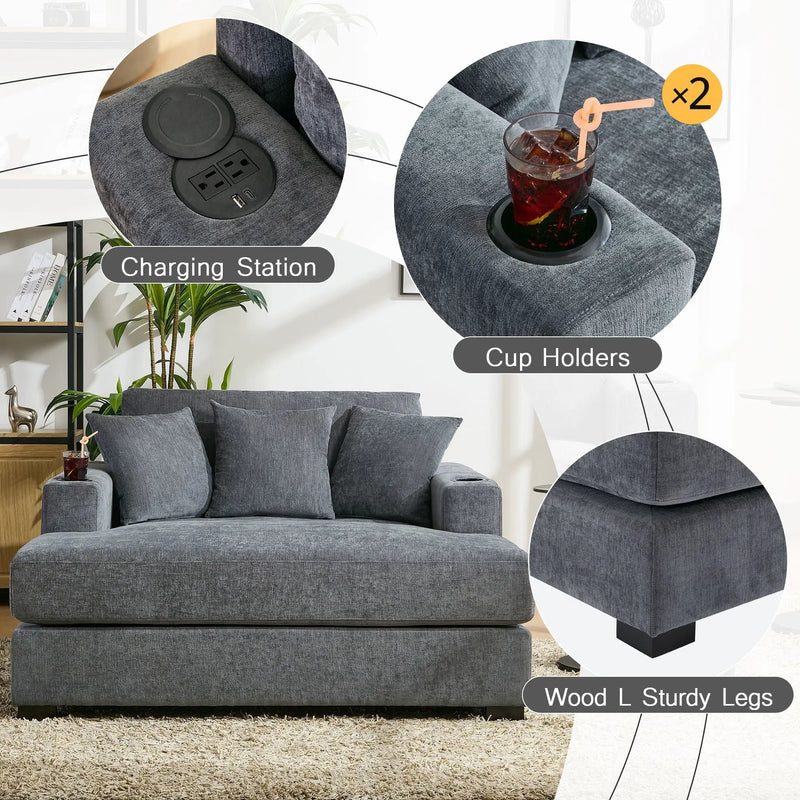 Oversized Chaise Lounger Modern Style Sofa Couch With Pillows, Charge Station & Cup Holders by HouseOfZazla