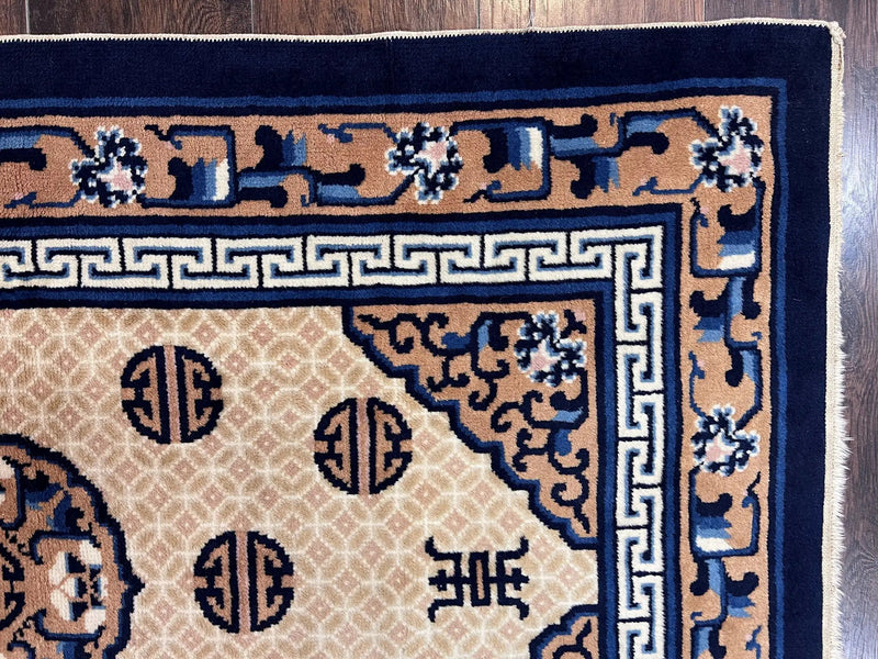 Chinese Peking Rug 3x5, Antique Chinese Art Deco Carpet, Blue Ivory Tan, Hand Knotted Wool Asian Oriental Rug 3 x 5 Vintage Small Peking Rug by Jewel Rugs