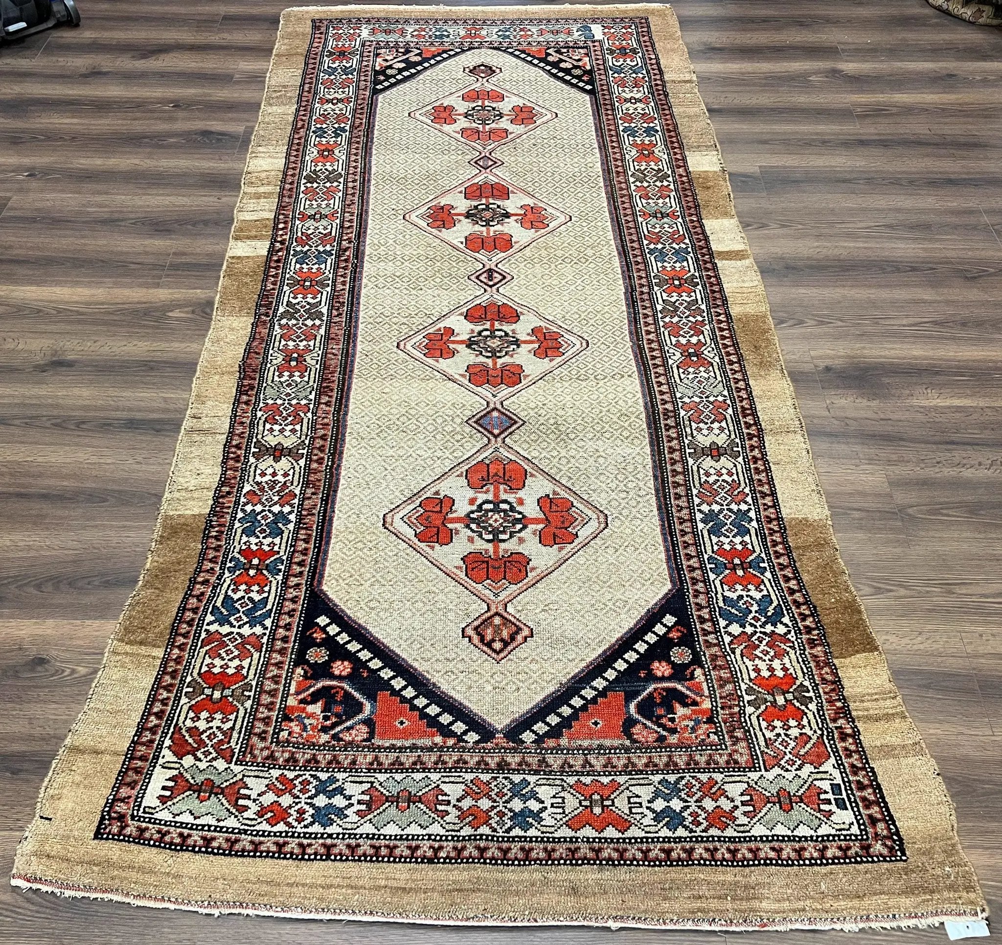 Rare Persian Sarab Tribal Runner Rug 4 x 10, Antique, Geometric Medallions, Camel Hair Runner by Jewel Rugs