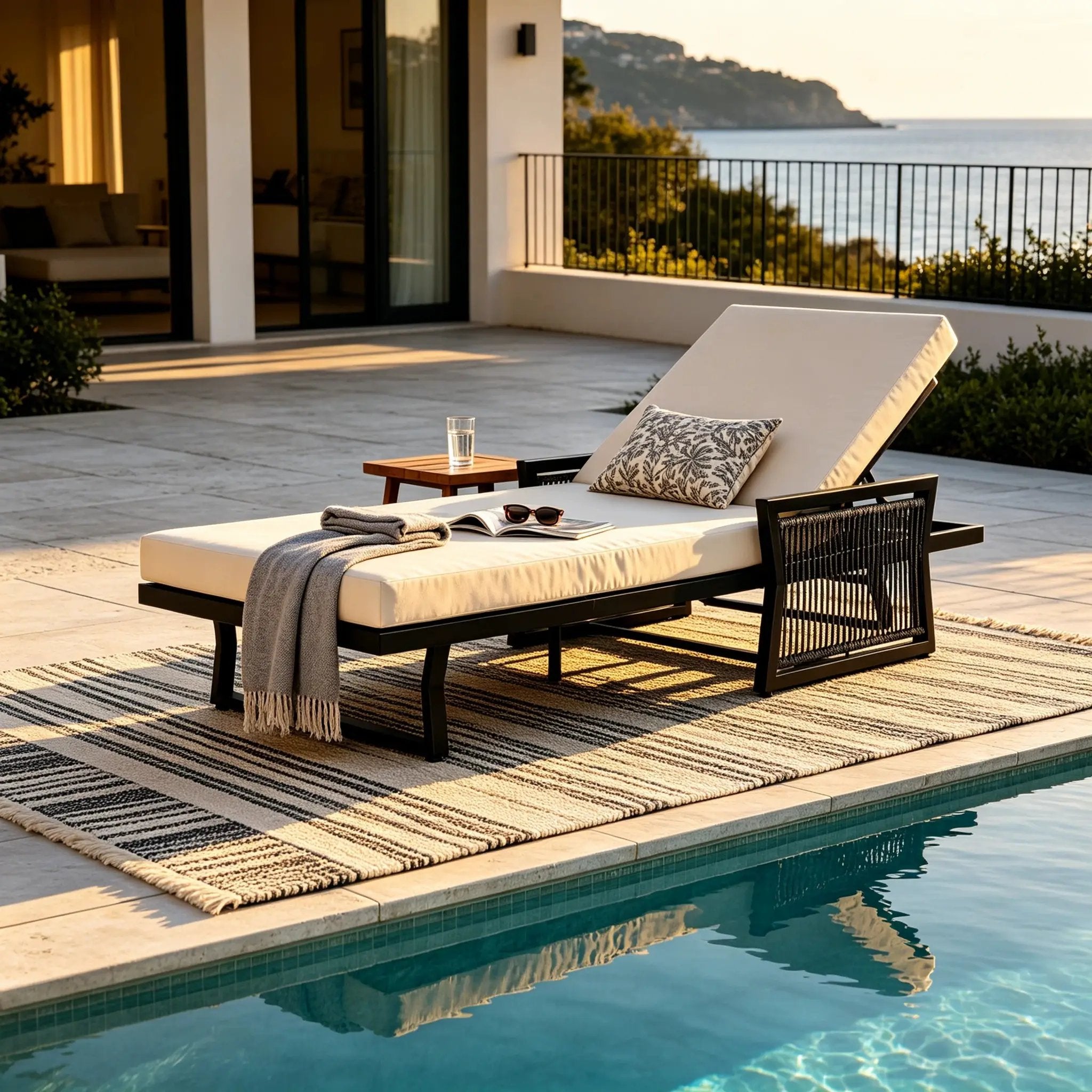 Black Iron Outdoor Chaise Lounge with Cream Cushion by HouseOfZazla