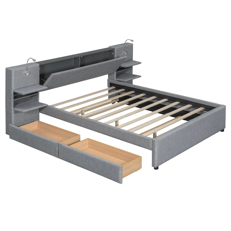 Upholstered Platform Bed With Reading Lights, Drawers, Trundle And Shelves by HouseOfZazla