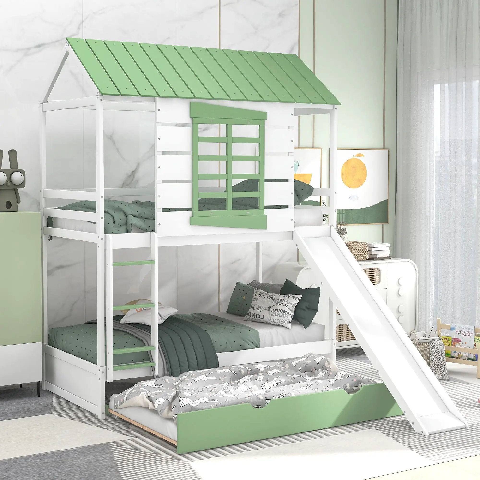 Twin Over Twin House Bunk Bed With Convertible Slide And Trundle - White by Unique Piece Furniture