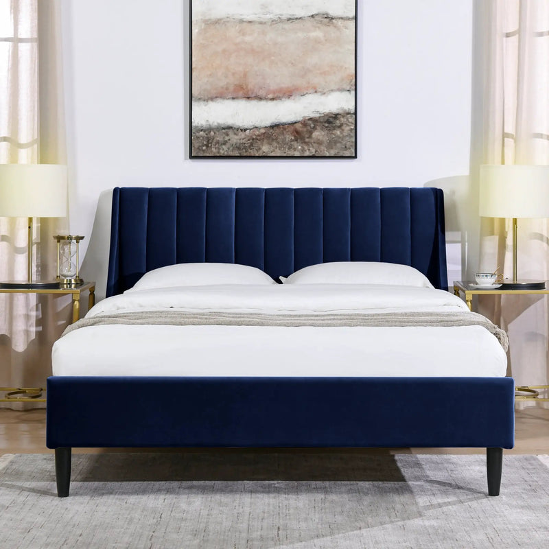 Aspen Vertical Tufted Headboard Platform Bed Set, Queen, Navy Blue Velvet by HouseOfZazla