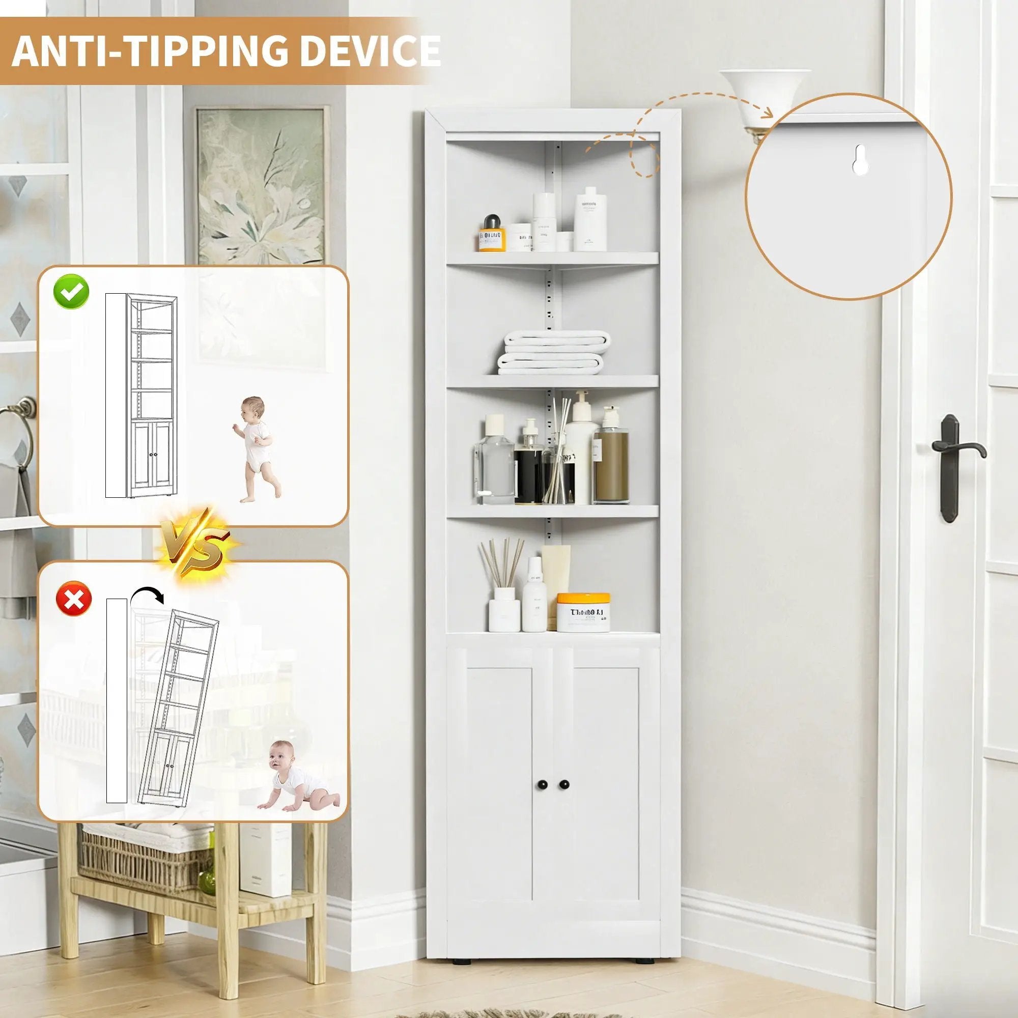 Tall Corner Storage Cabinet With 2 Doors, 5-Tier With Adjustable Shelves, Freestanding - White by HouseOfZazla
