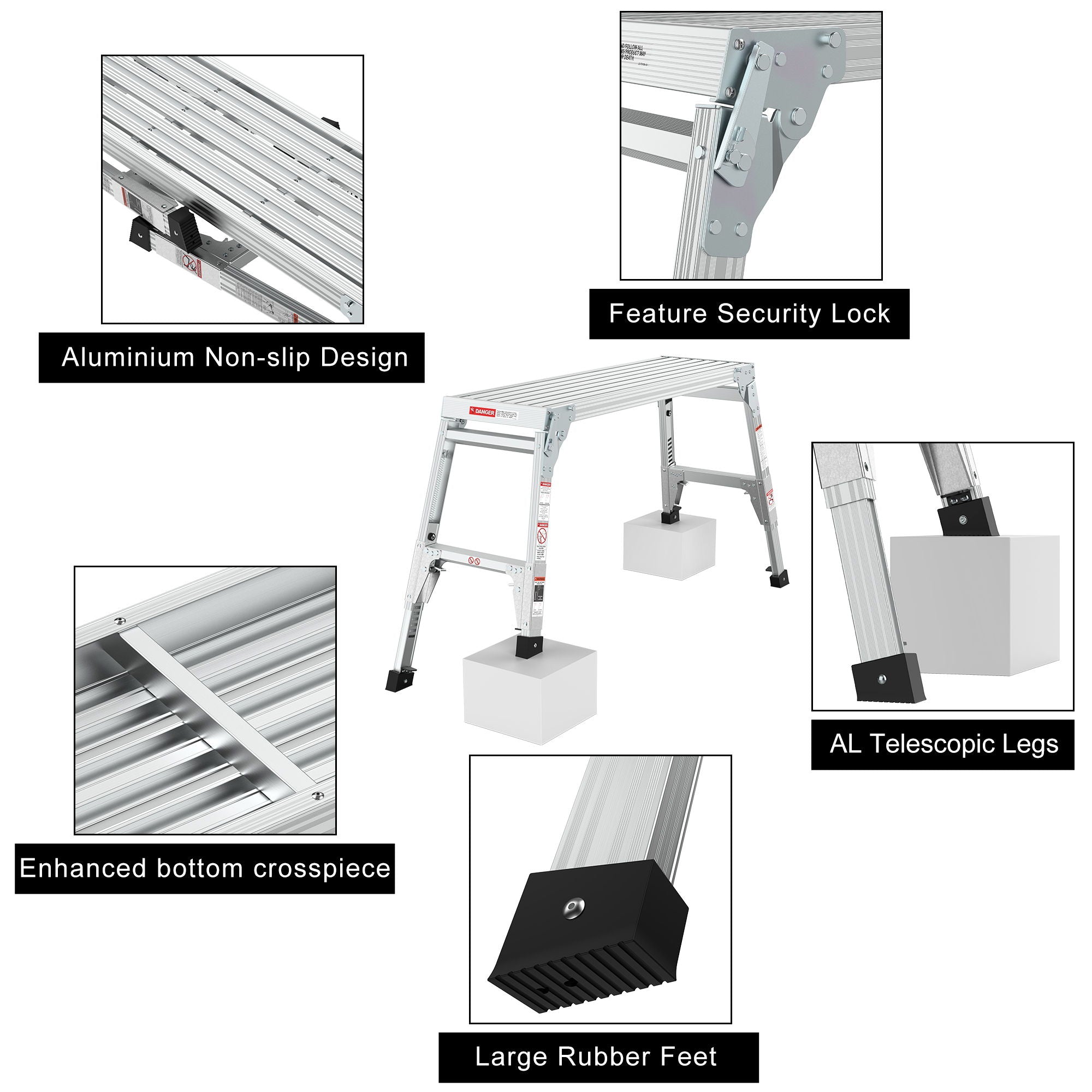 Aluminum Work Platform Large Size Step Stool Folding Portable Work Bench 40" Width Telescopic Feet Height Adjustable - Gray by HouseOfZazla