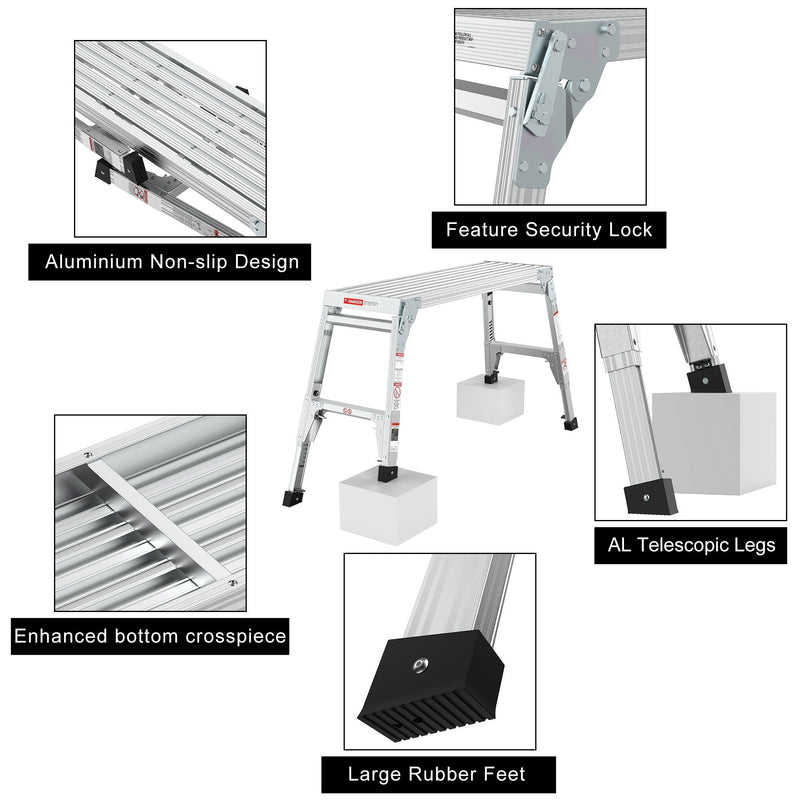 Aluminum Work Platform Large Size Step Stool Folding Portable Work Bench 40" Width Telescopic Feet Height Adjustable - Gray by HouseOfZazla
