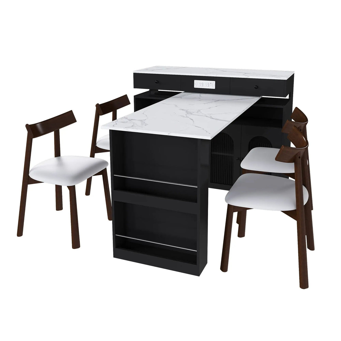 Retro Kitchen Island Set With Chairs, Extendable & Rotating Table, 4 Drawers & Door Cabinets by Unique Piece Furniture