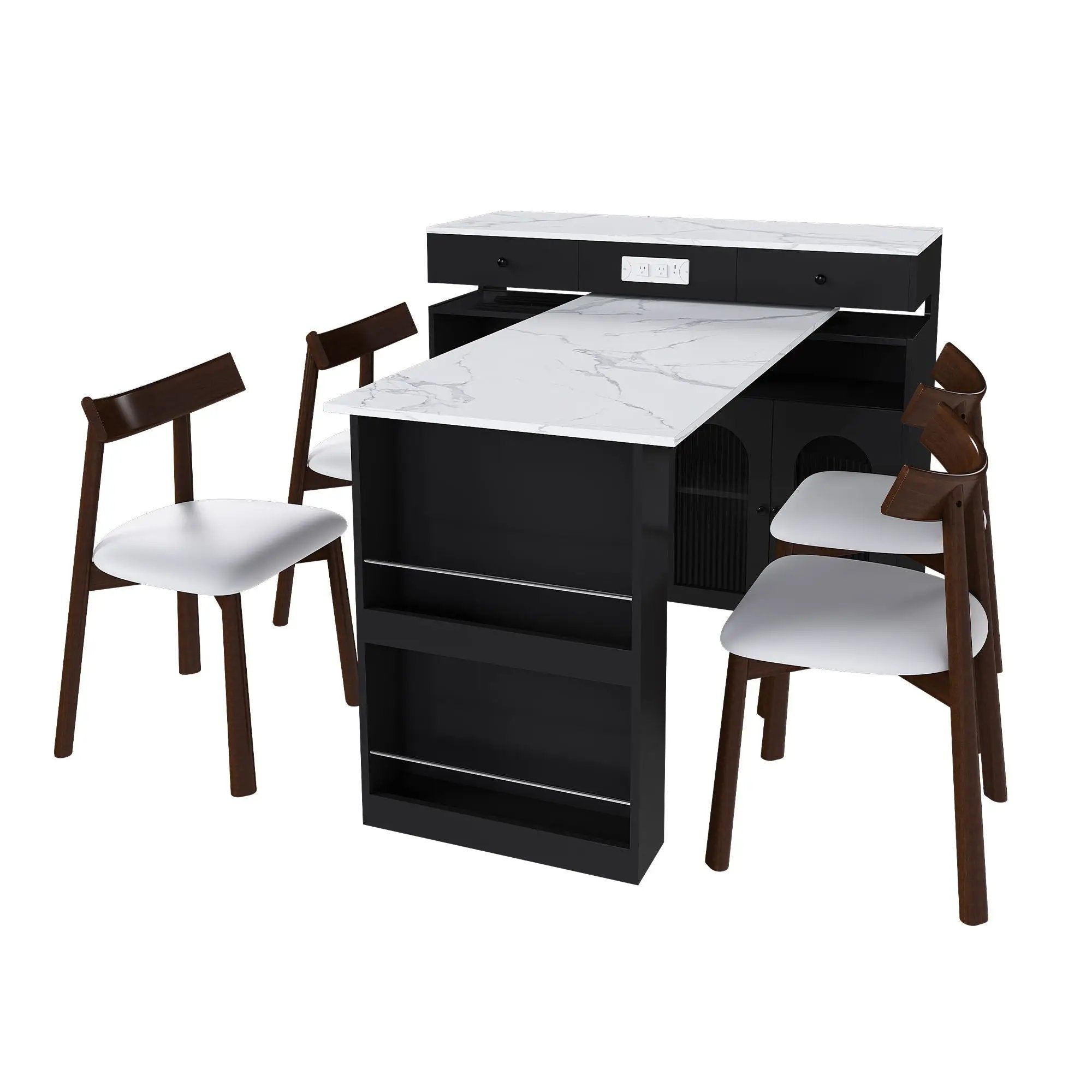 Retro Kitchen Island Set With Chairs, Extendable & Rotating Table, 4 Drawers & Door Cabinets by HouseOfZazla