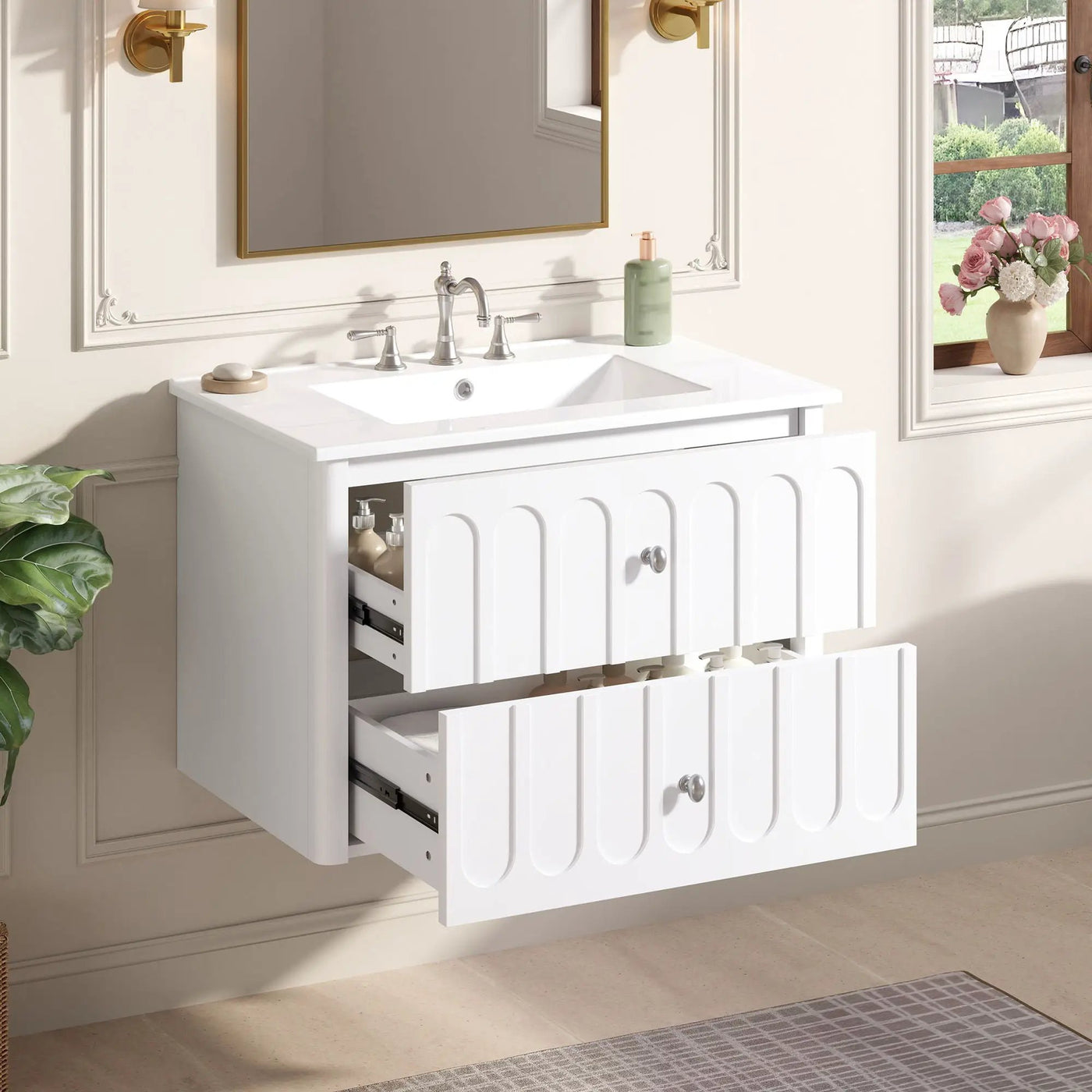 Floating Bathroom Vanity With Oval Knobs & Round Edge, Soft Close Drawer Slides by HouseOfZazla