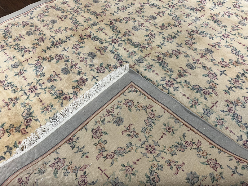 Sino Persian Rug 8x10, Floral, Oatmeal and Light Teal, Handmade Wool Vintage Carpet by Jewel Rugs